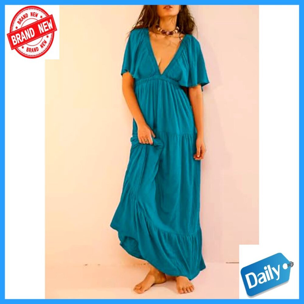 V-Neck Maxi Dress with Flutter Sleeves Backless Elastic Waist Tiered Flowy - Picture 3 of 7